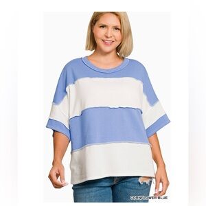 483 - 1X-3X Zenana Outfitters French Terry Color block Exposed SeamTee